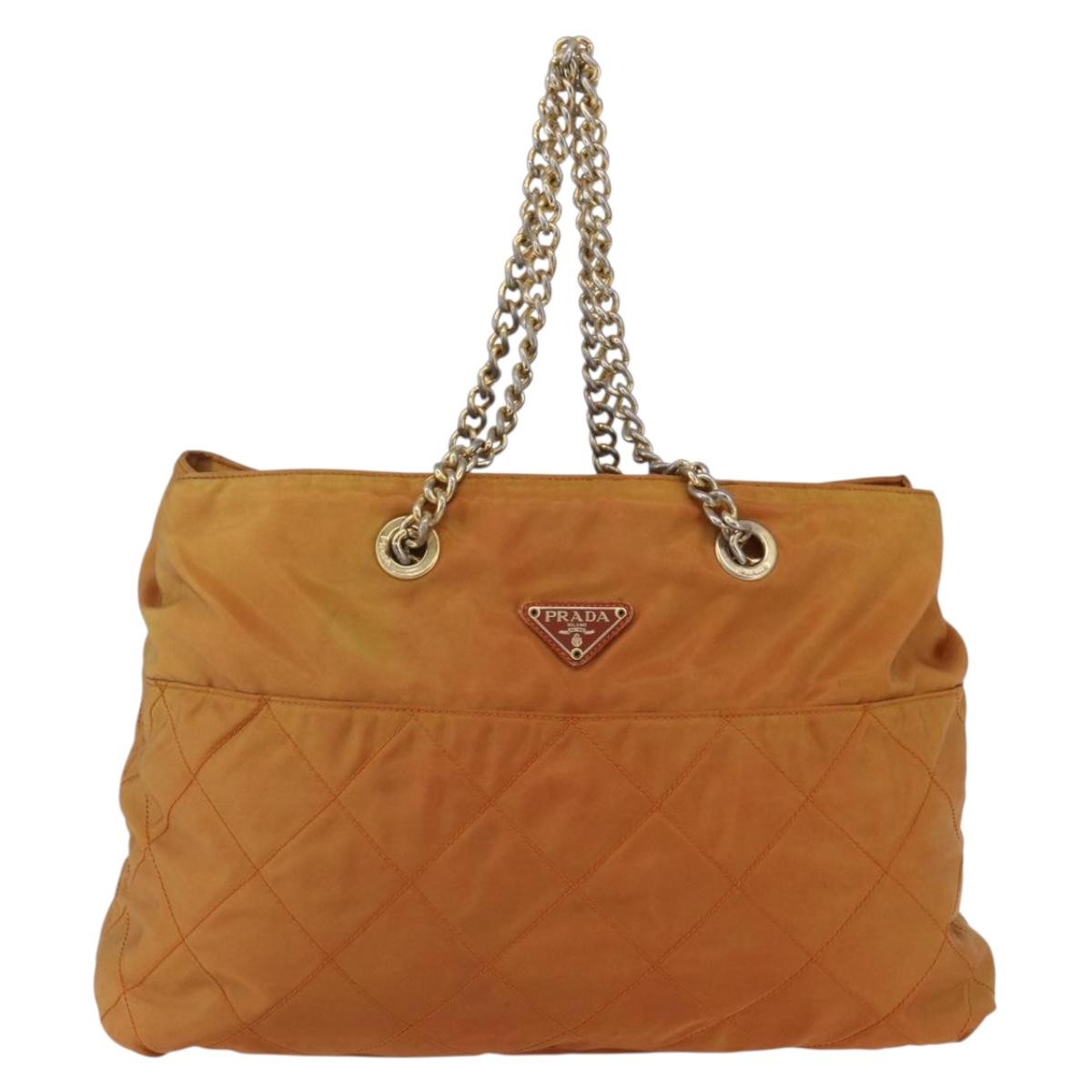 PRADA Chain Shoulder Bag Nylon Orange Gold Auth bs31177