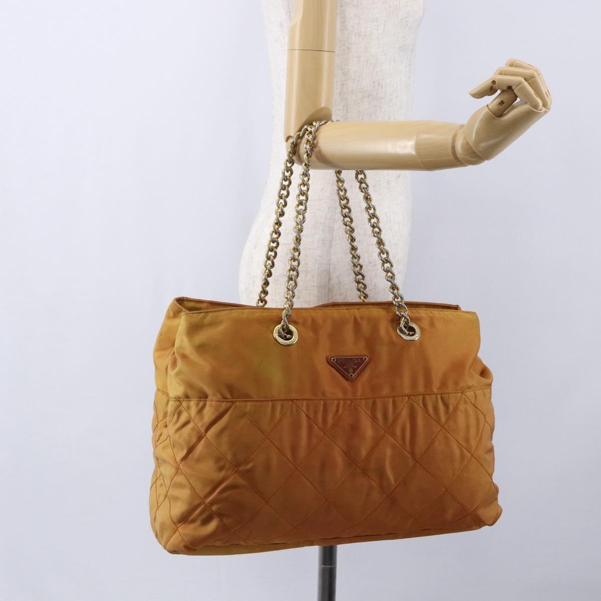 PRADA Chain Shoulder Bag Nylon Orange Gold Auth bs31177