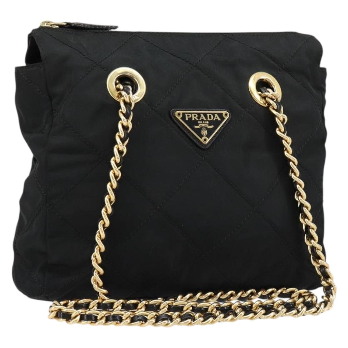 PRADA Chain Shoulder Bag Nylon Black Gold Auth bs31178