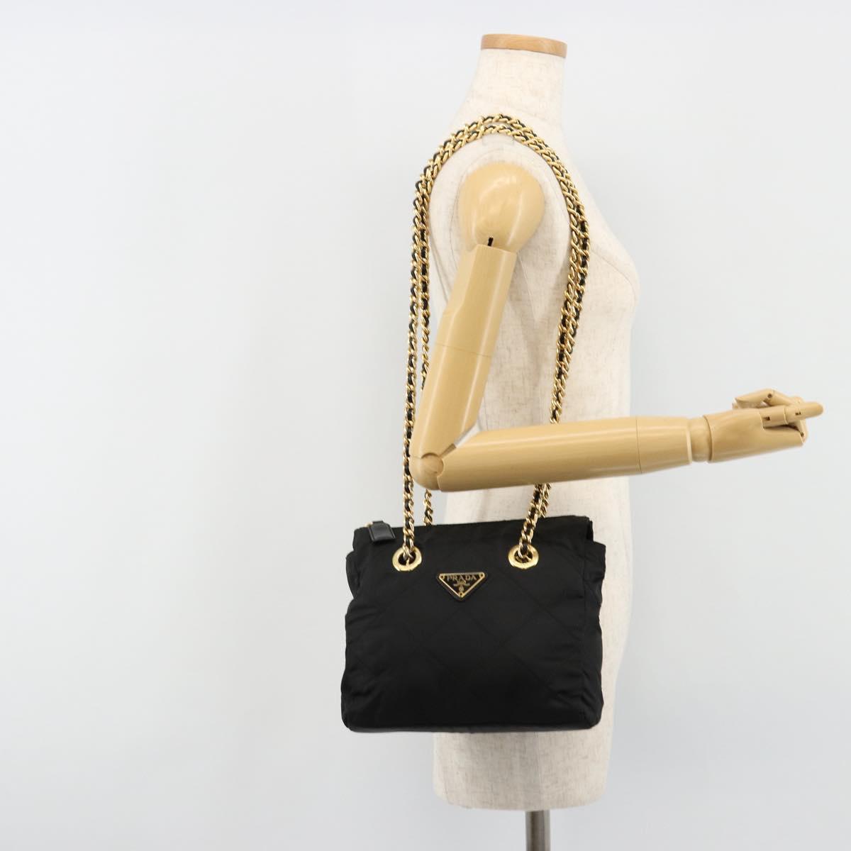 PRADA Chain Shoulder Bag Nylon Black Gold Auth bs31178