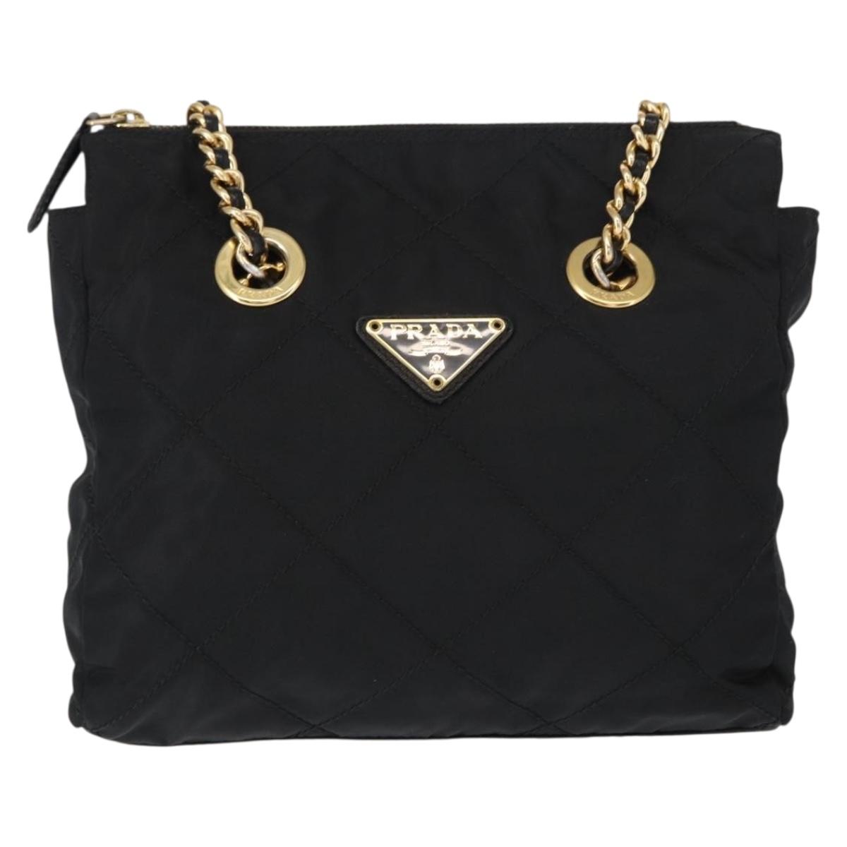 PRADA Chain Shoulder Bag Nylon Black Gold Auth bs31178