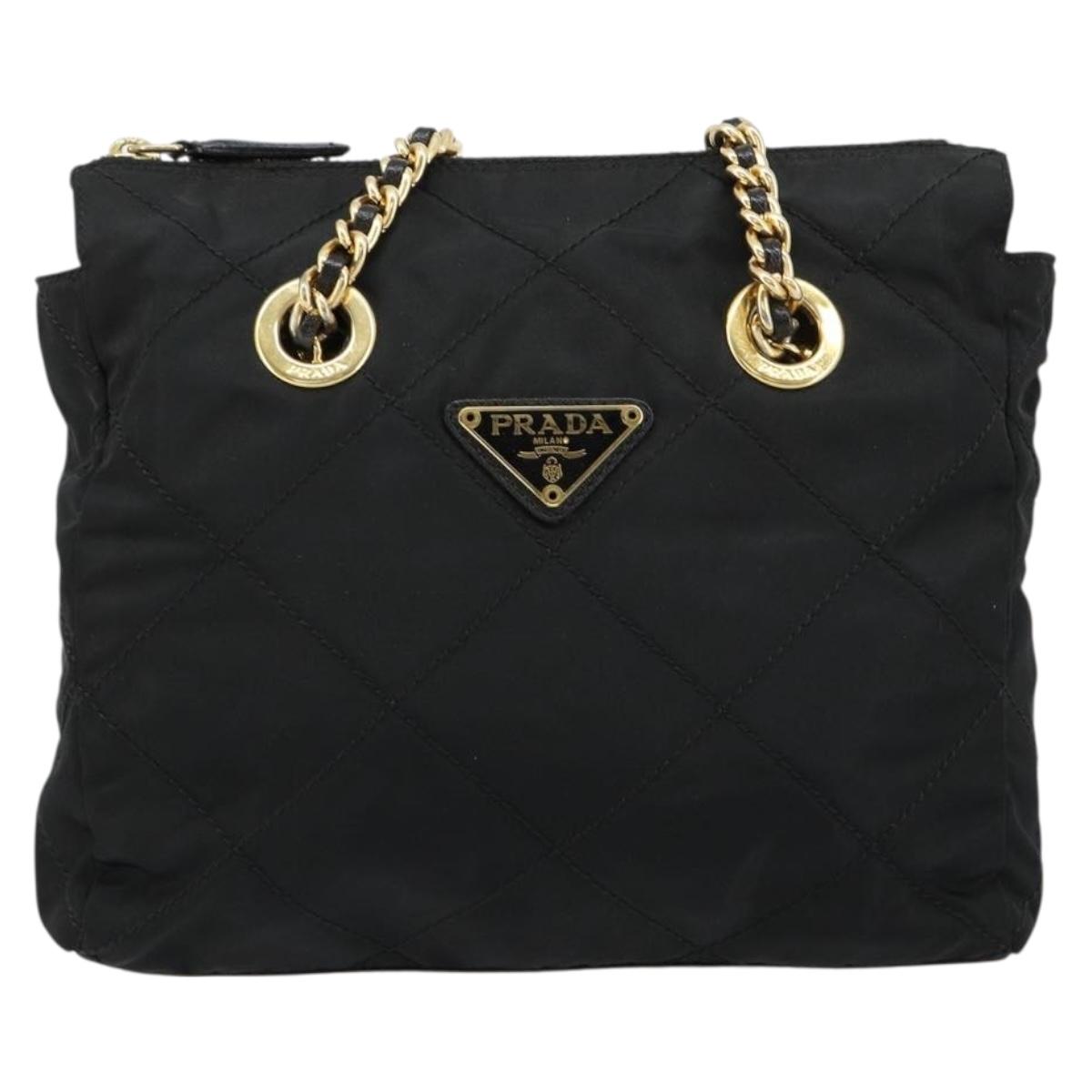 PRADA Chain Shoulder Bag Nylon Black Gold Auth bs31178