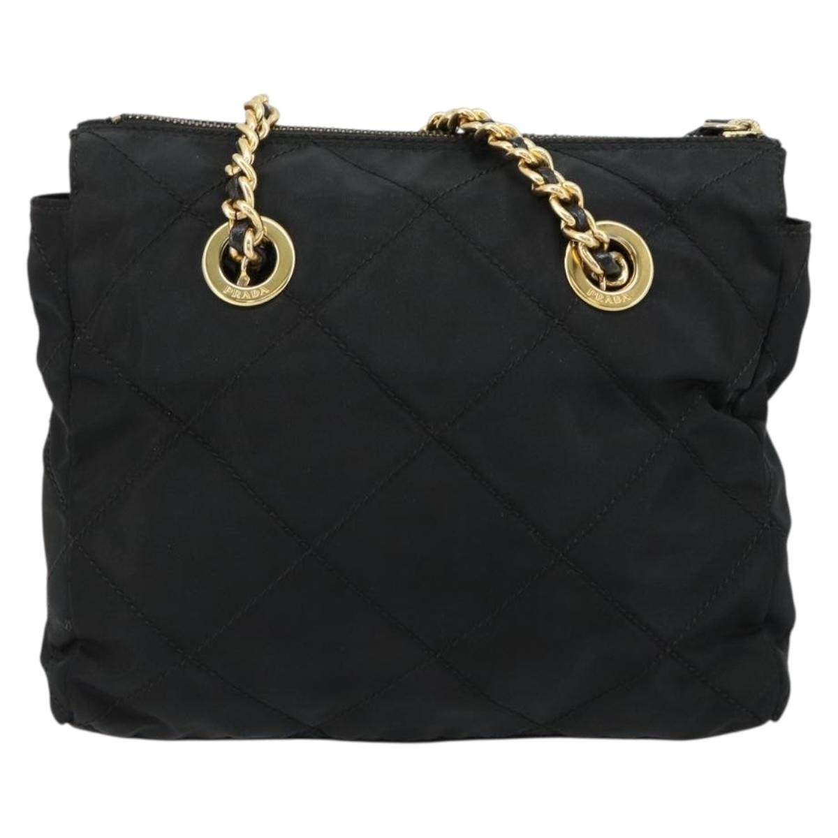 PRADA Chain Shoulder Bag Nylon Black Gold Auth bs31178
