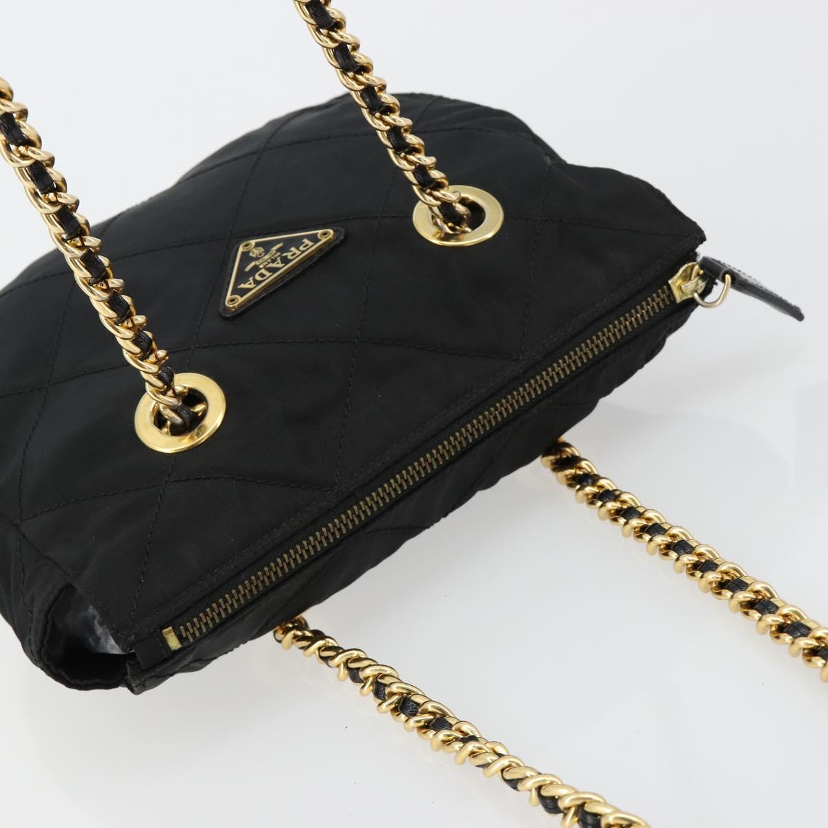 PRADA Chain Shoulder Bag Nylon Black Gold Auth bs31178
