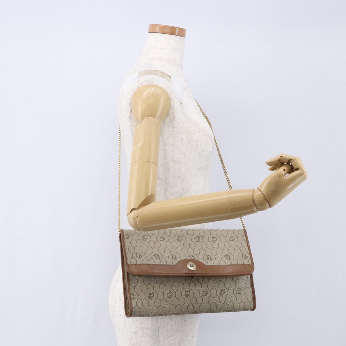 Christian Dior Honeycomb Canvas Chain Shoulder Bag PVC Beige Gold Auth bs31185