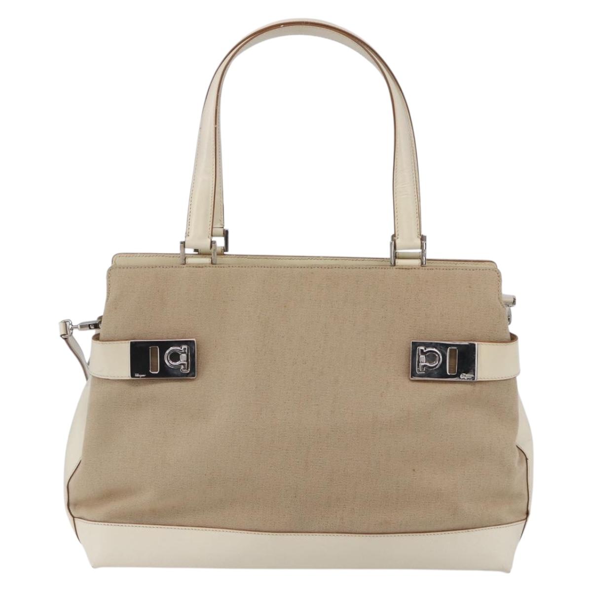 Salvatore Ferragamo Gancini Tote Bag Canvas 2way Beige Silver Auth bs31186