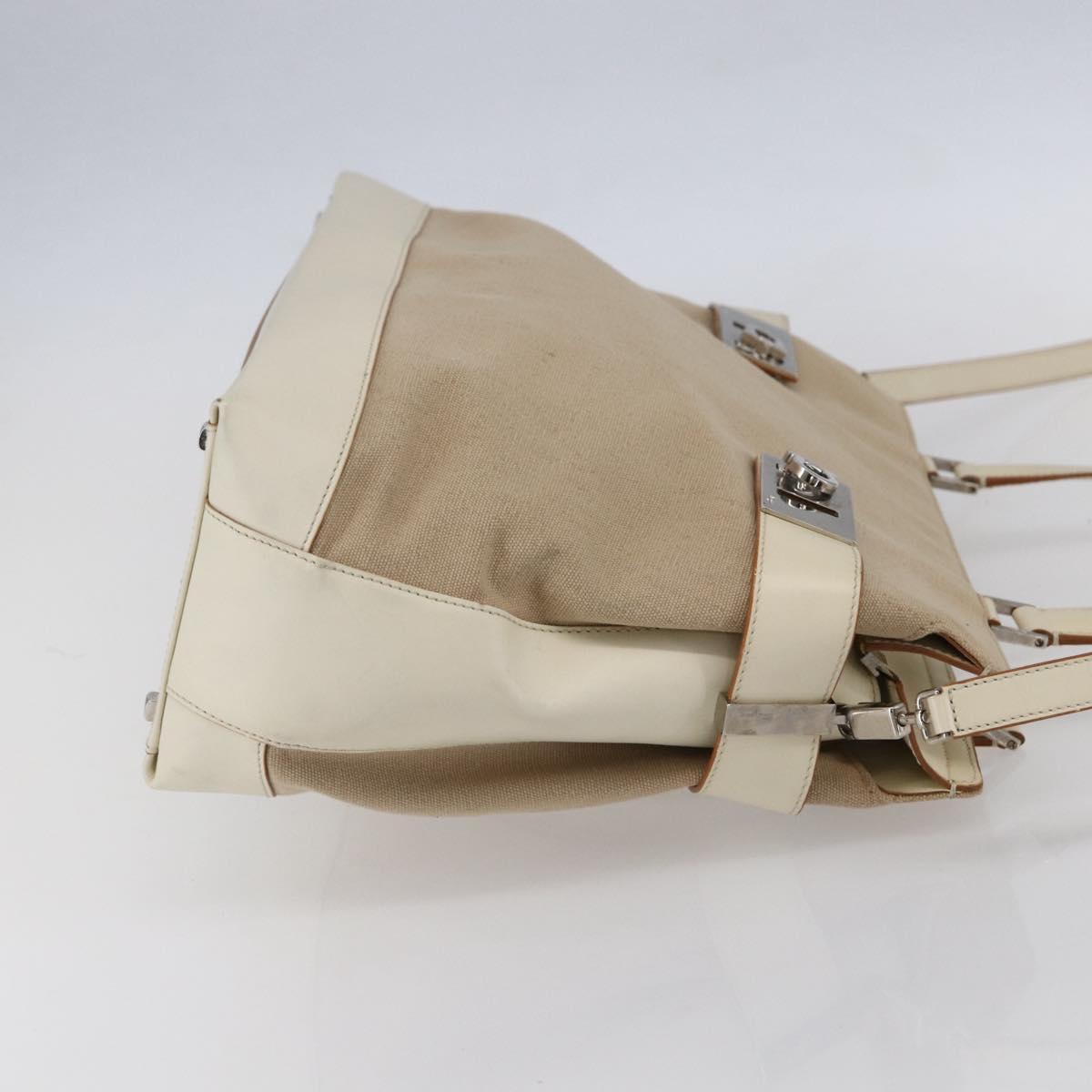 Salvatore Ferragamo Gancini Tote Bag Canvas 2way Beige Silver Auth bs31186