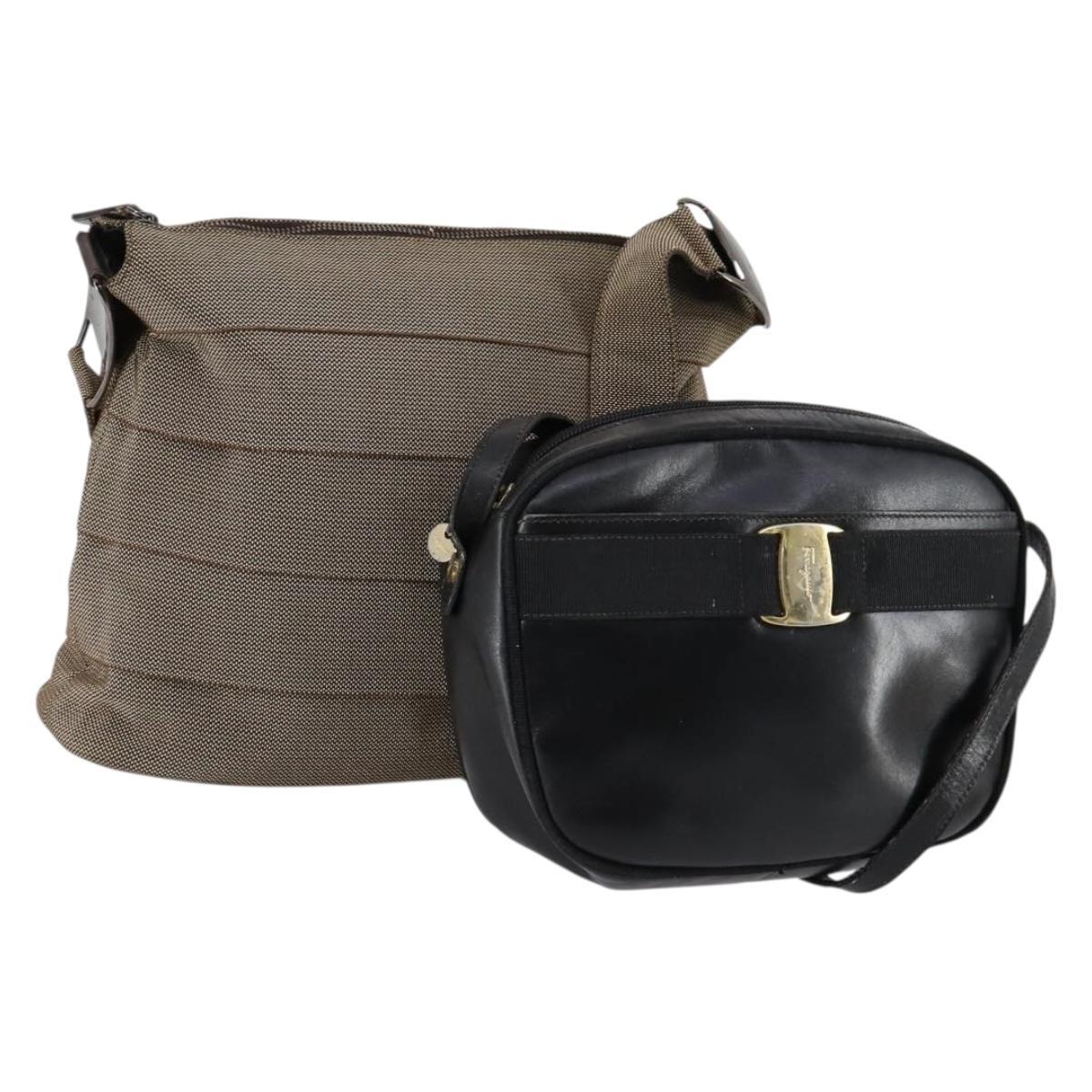 Salvatore Ferragamo Shoulder Bag Leather Canvas 2 Set Black Beige Auth bs31189