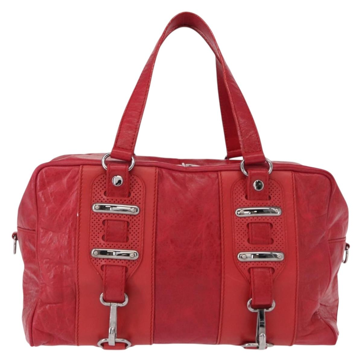 BALENCIAGA Hand Bag Leather Red Silver Auth bs31192