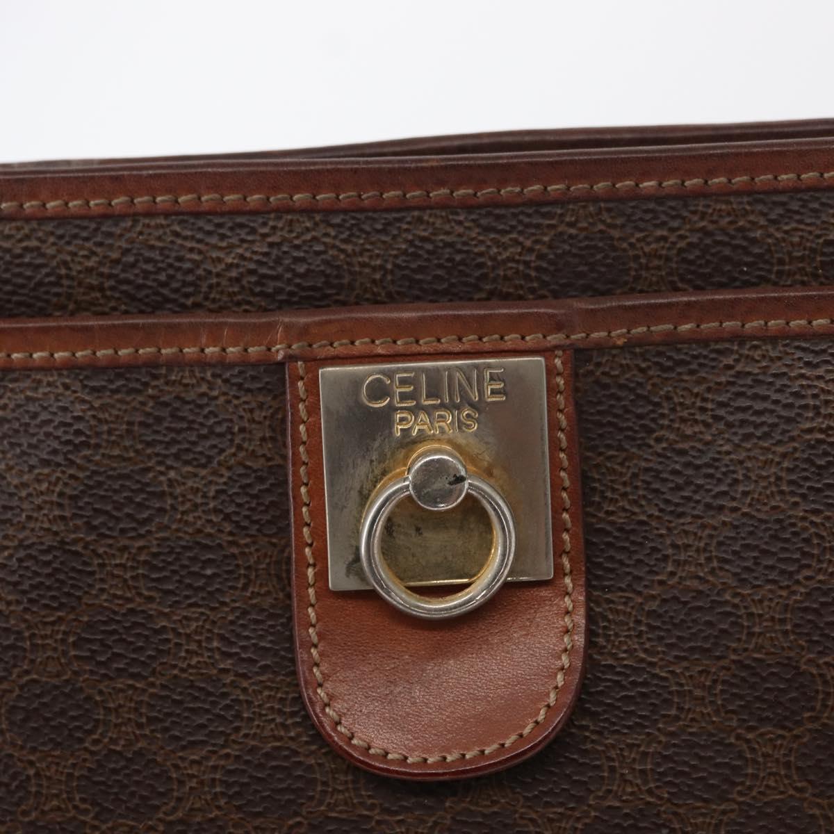 CELINE Macadam Canvas Clutch Bag PVC Leather Brown Gold Auth bs31209