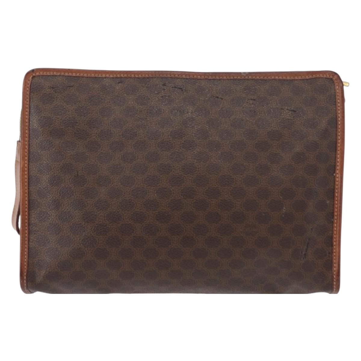 CELINE Macadam Canvas Clutch Bag PVC Leather Brown Gold Auth bs31209