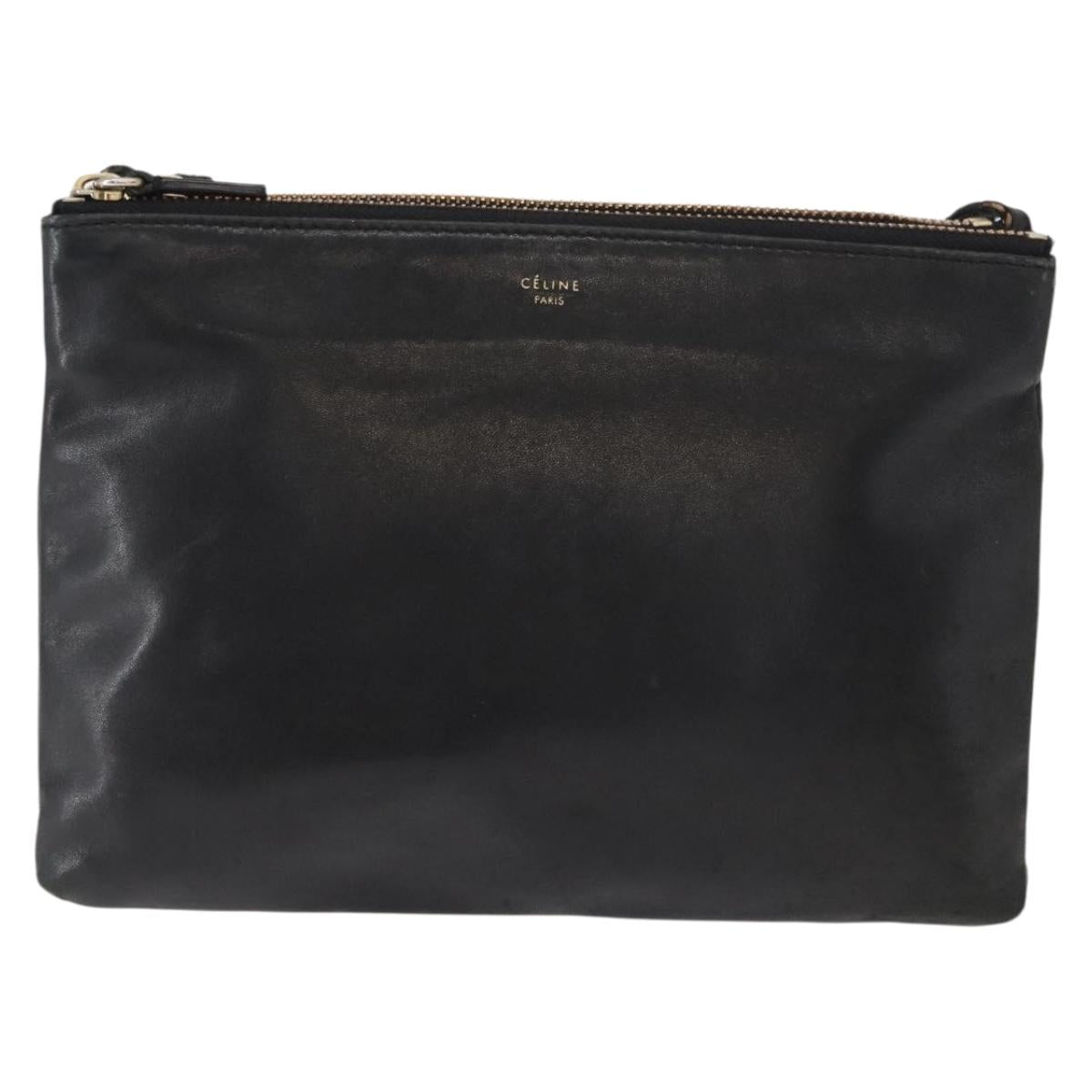 CELINE Trio Small Shoulder Bag Leather Black Gold Auth bs31212