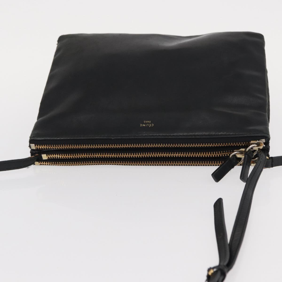 CELINE Trio Small Shoulder Bag Leather Black Gold Auth bs31212