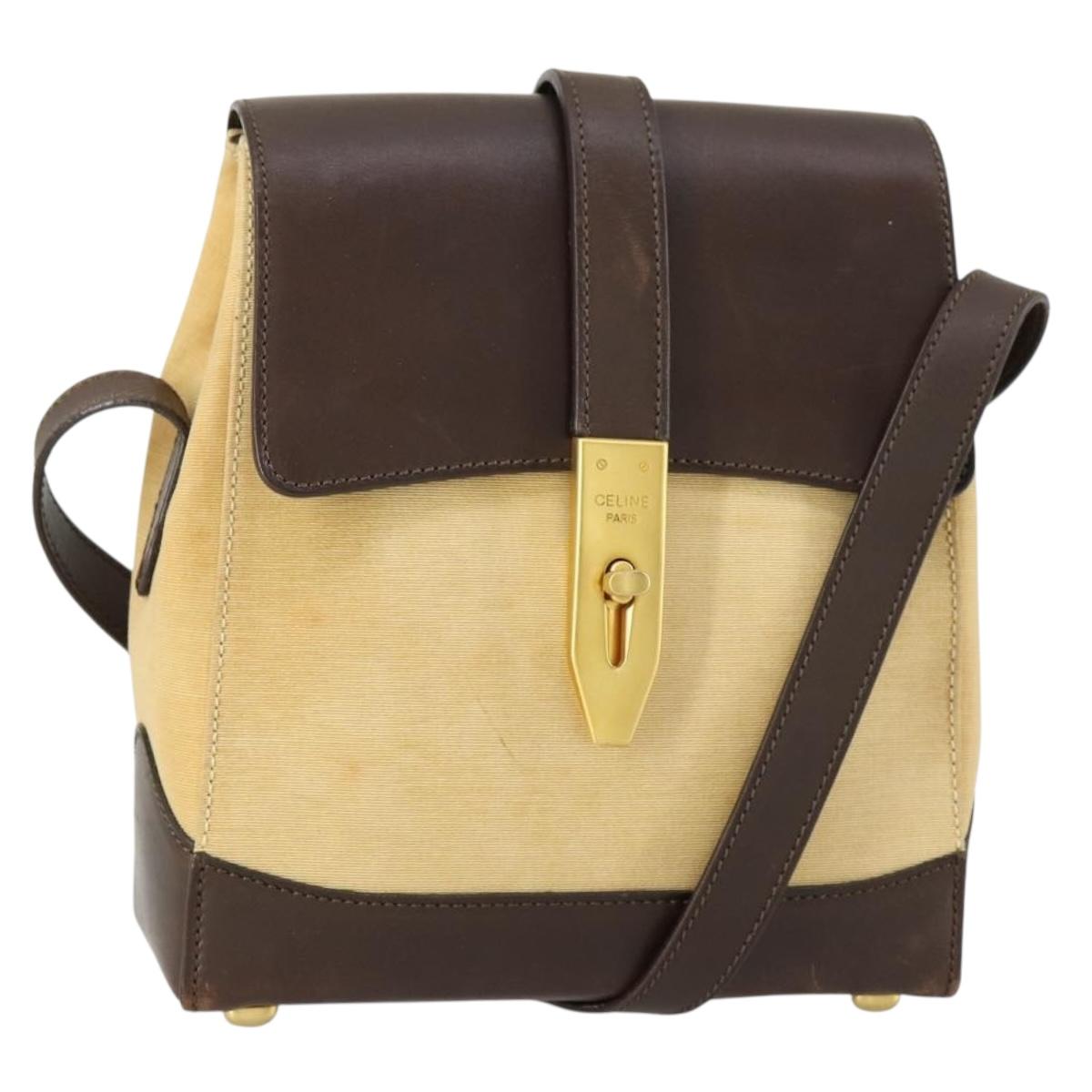 CELINE Shoulder Bag Nylon Leather Brown Gold Auth bs31215