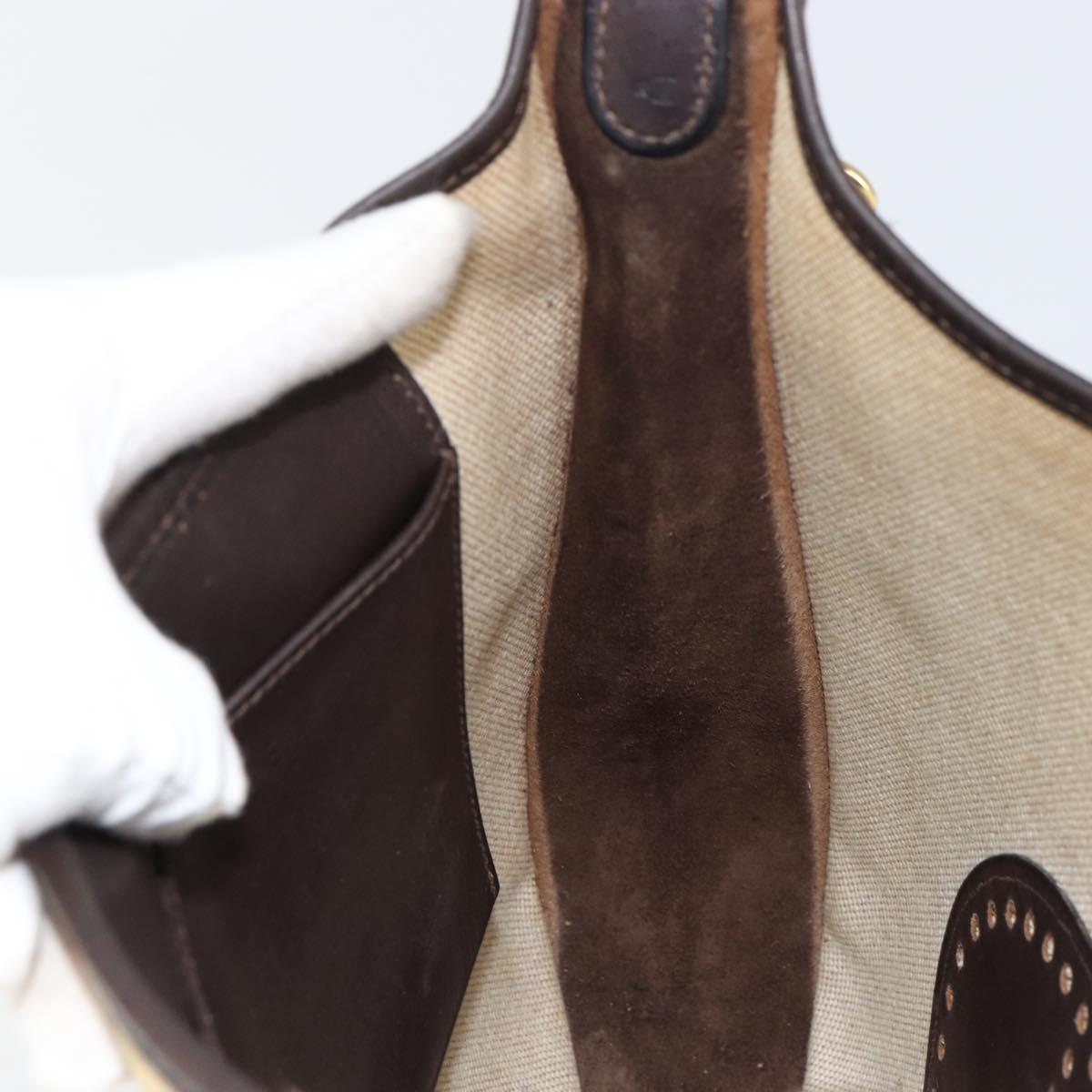 HERMES Evelyn 2 PM Shoulder Bag Leather Canvas Beige Gold Auth bs31216