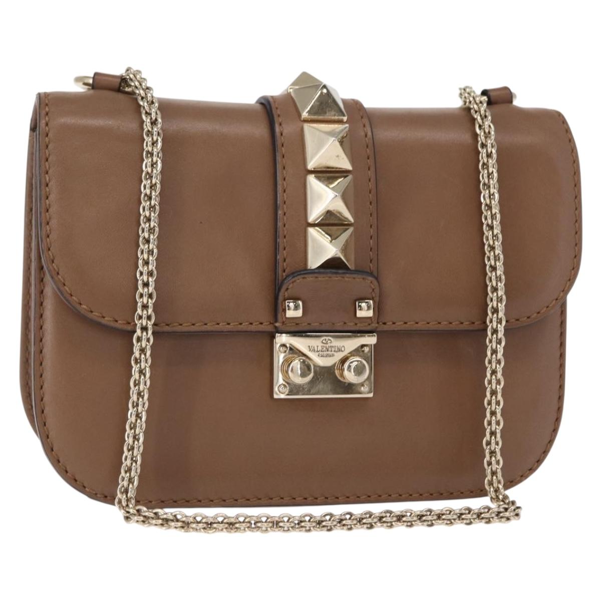 VALENTINO Studs Chain Shoulder Bag Leather Brown Gold Auth bs31220