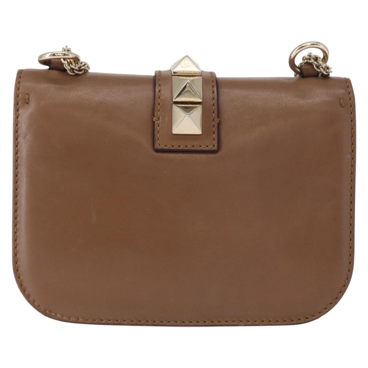 VALENTINO Studs Chain Shoulder Bag Leather Brown Gold Auth bs31220