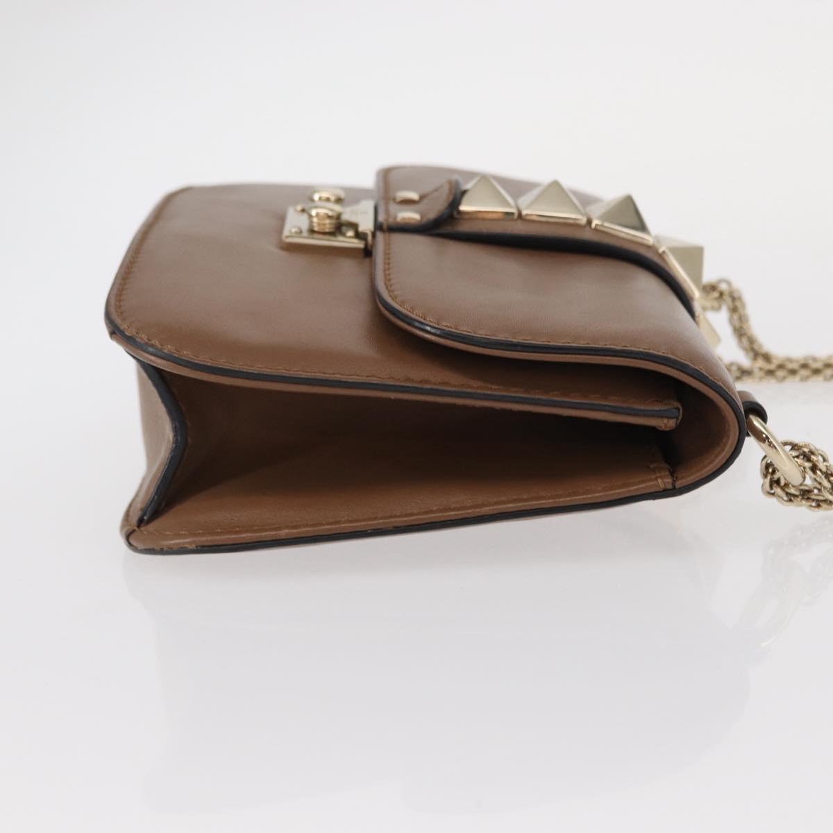VALENTINO Studs Chain Shoulder Bag Leather Brown Gold Auth bs31220