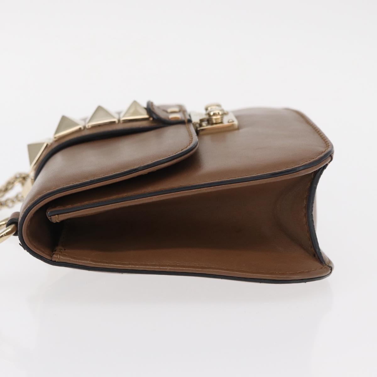 VALENTINO Studs Chain Shoulder Bag Leather Brown Gold Auth bs31220