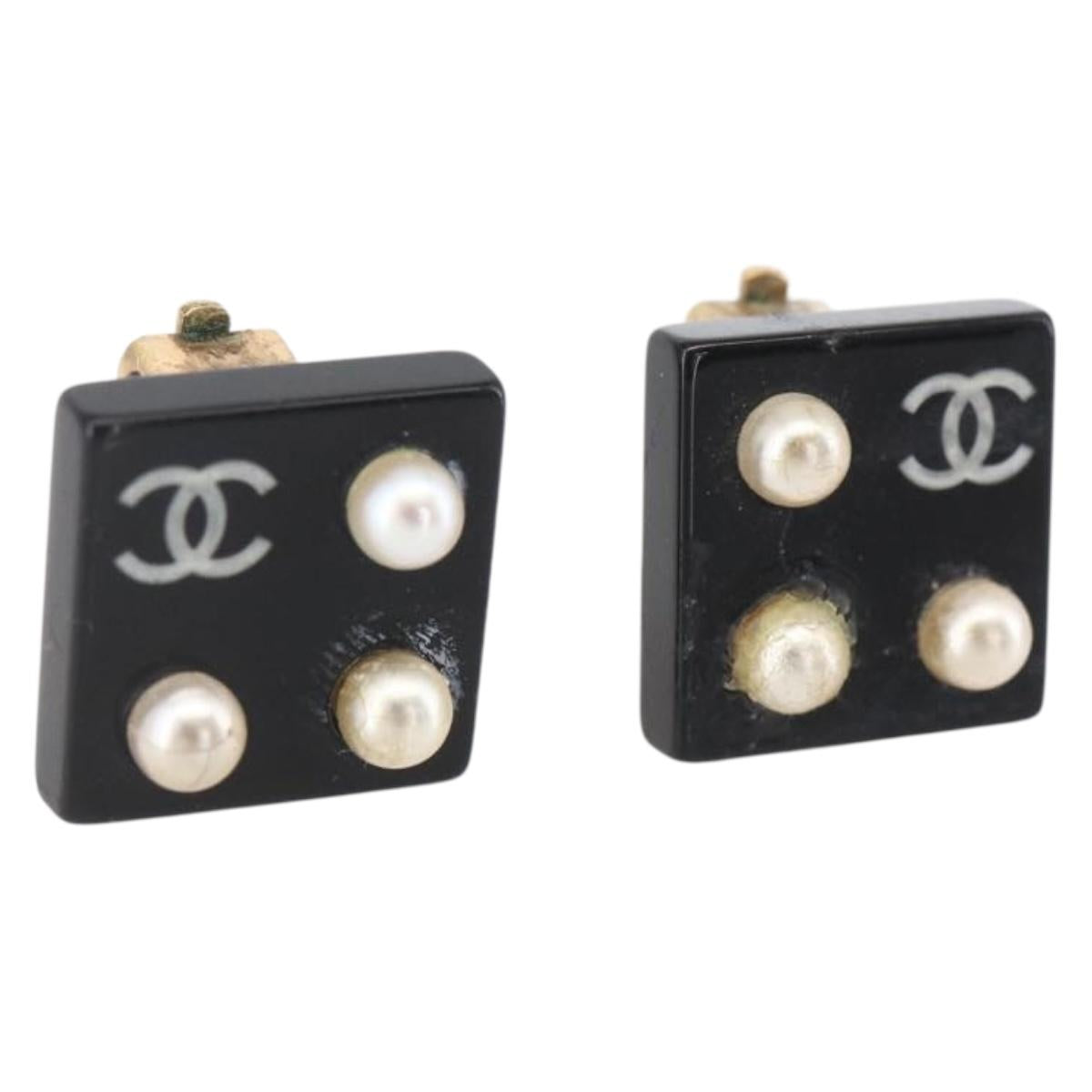 CHANEL Earring metal Black CC Auth bs31265