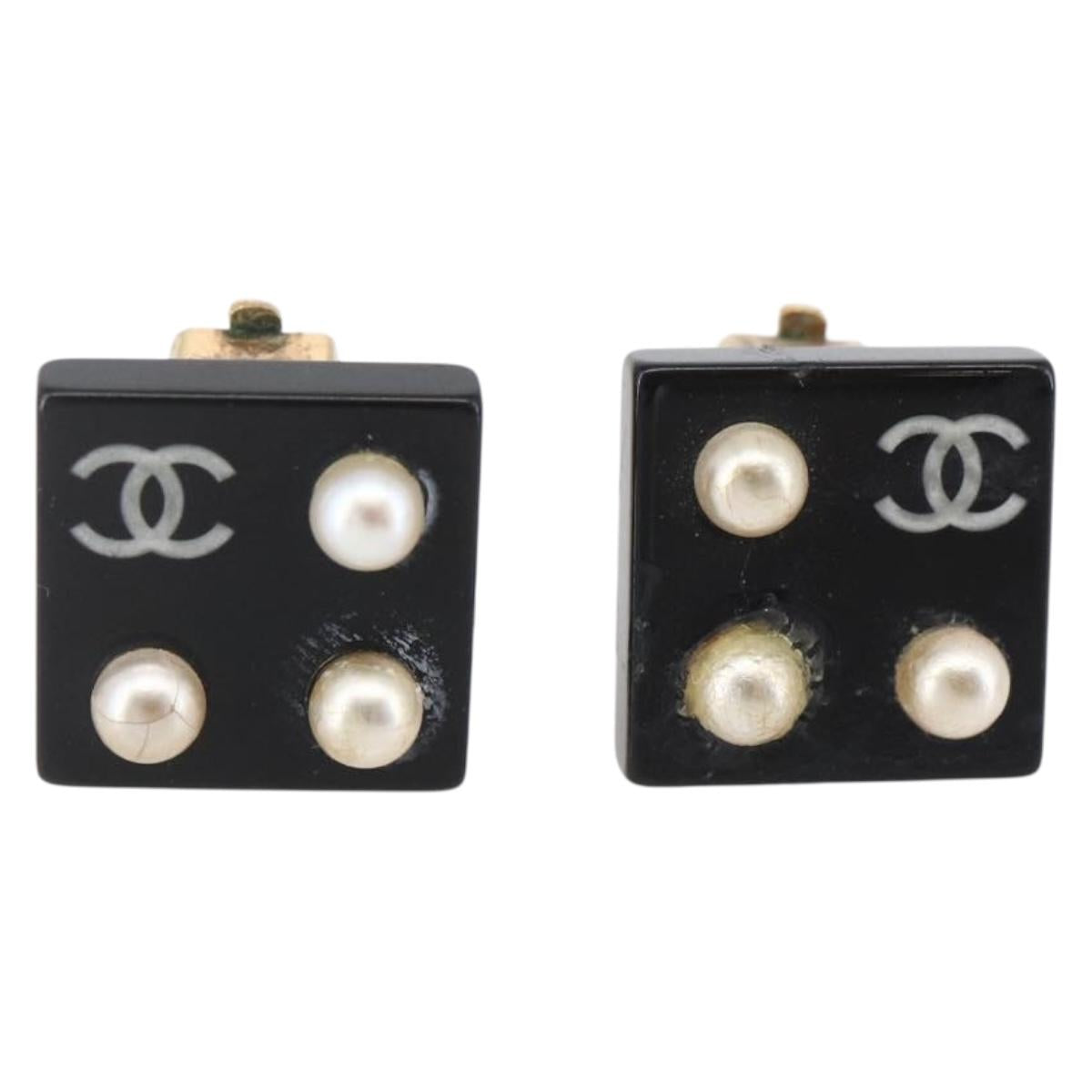 CHANEL Earring metal Black CC Auth bs31265