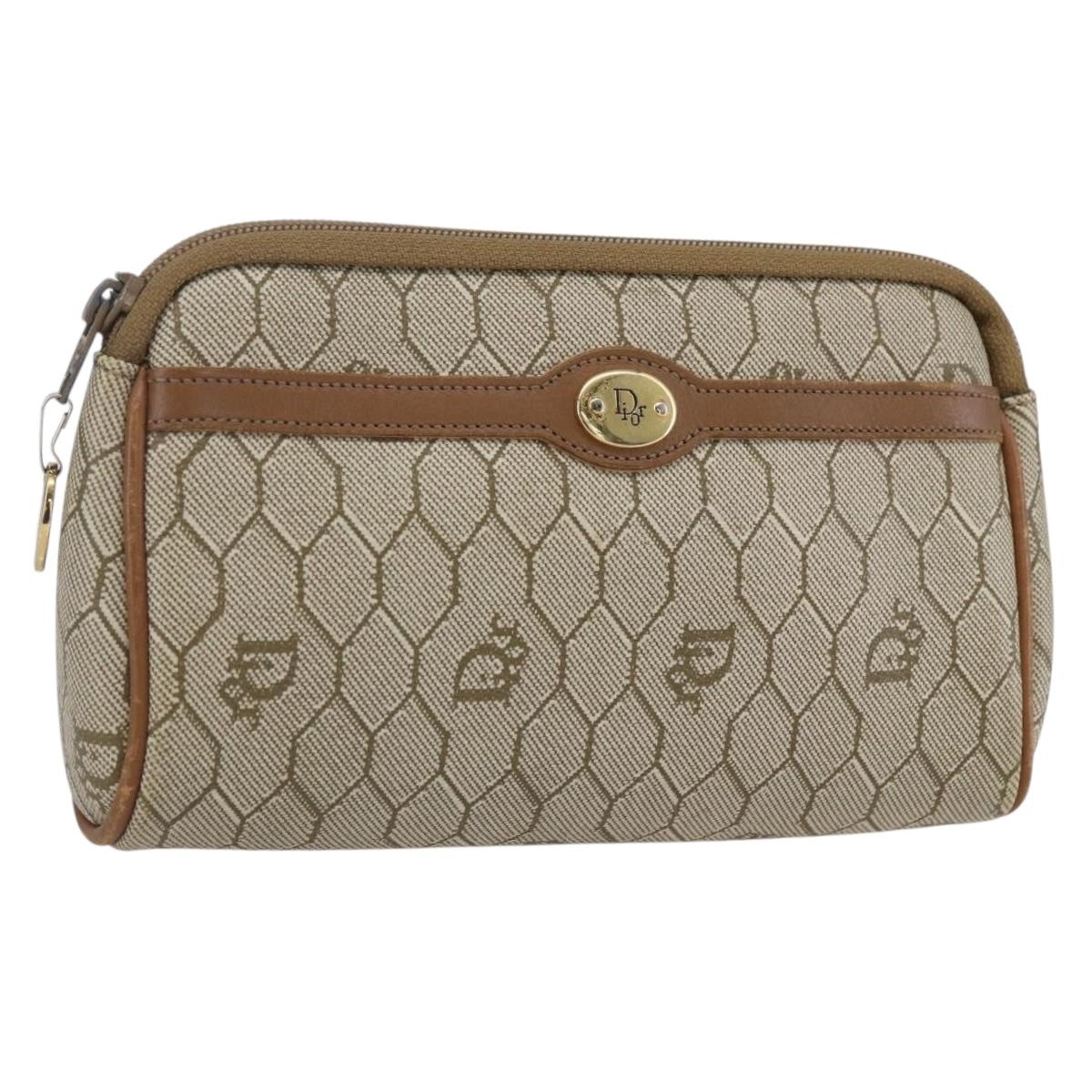 Christian Dior Honeycomb Canvas Pouch PVC Beige Gold Auth bs31266