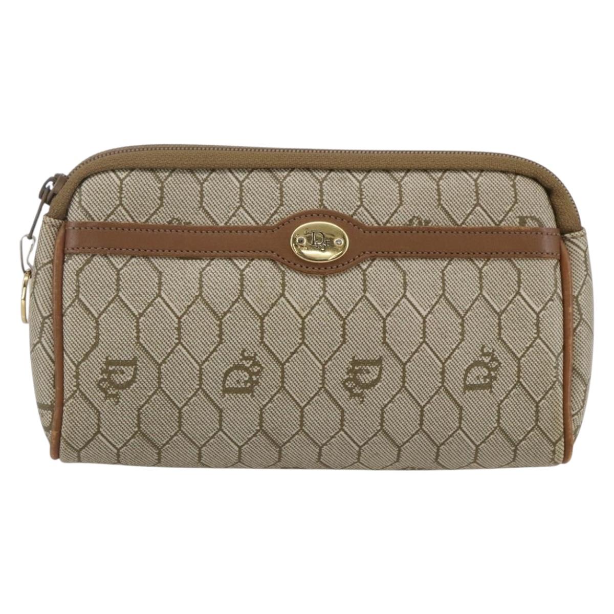 Christian Dior Honeycomb Canvas Pouch PVC Beige Gold Auth bs31266
