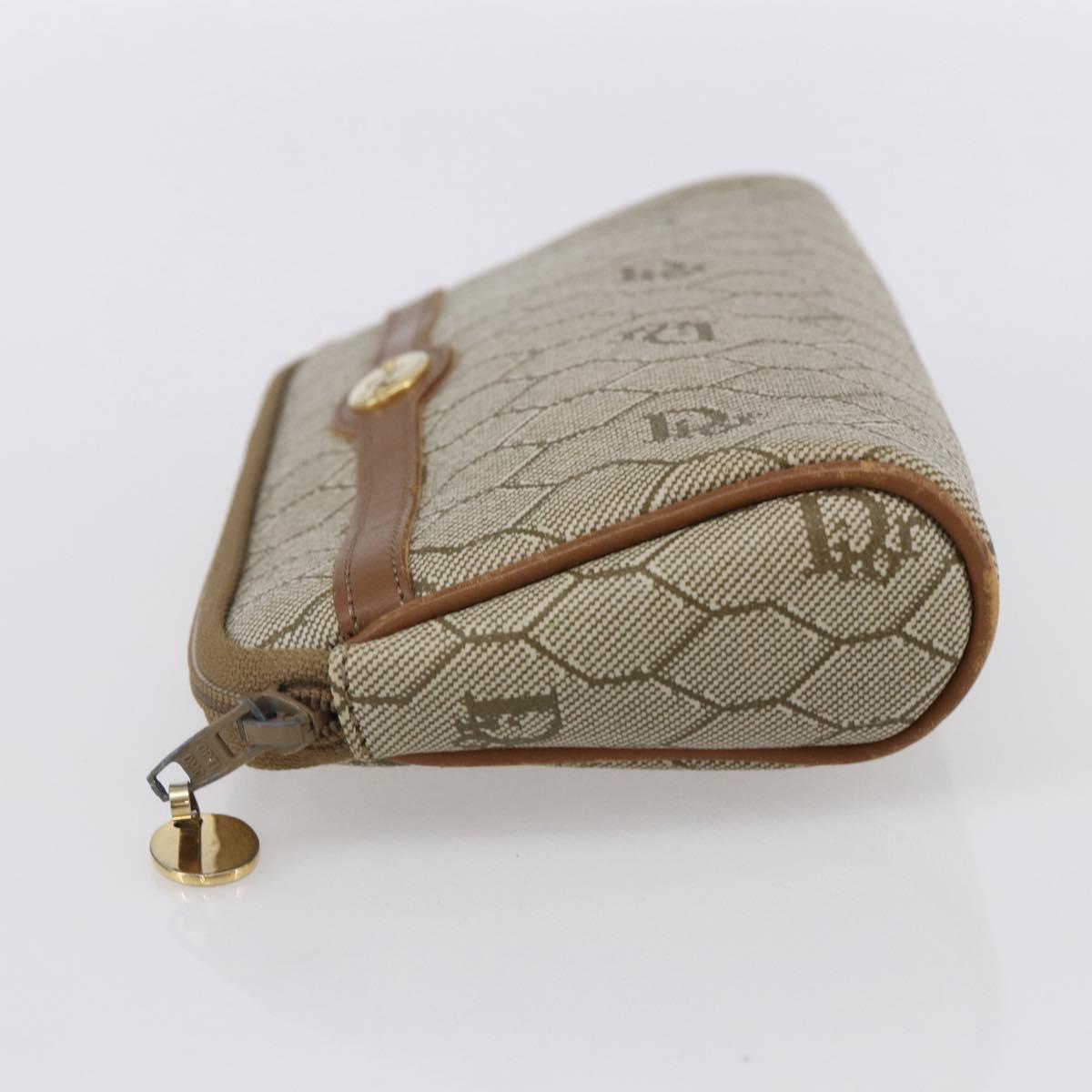 Christian Dior Honeycomb Canvas Pouch PVC Beige Gold Auth bs31266