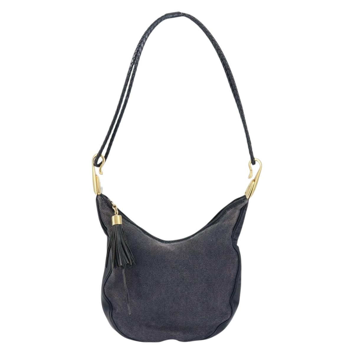 CELINE Shoulder Bag Canvas Leather Navy Gold Auth bs31271