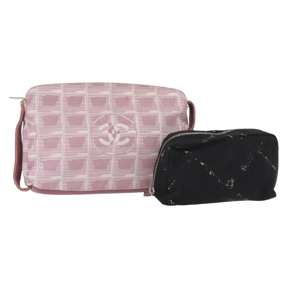 CHANEL New Travel Line Pouch Nylon 2 Set Pink Black CC Auth bs31272