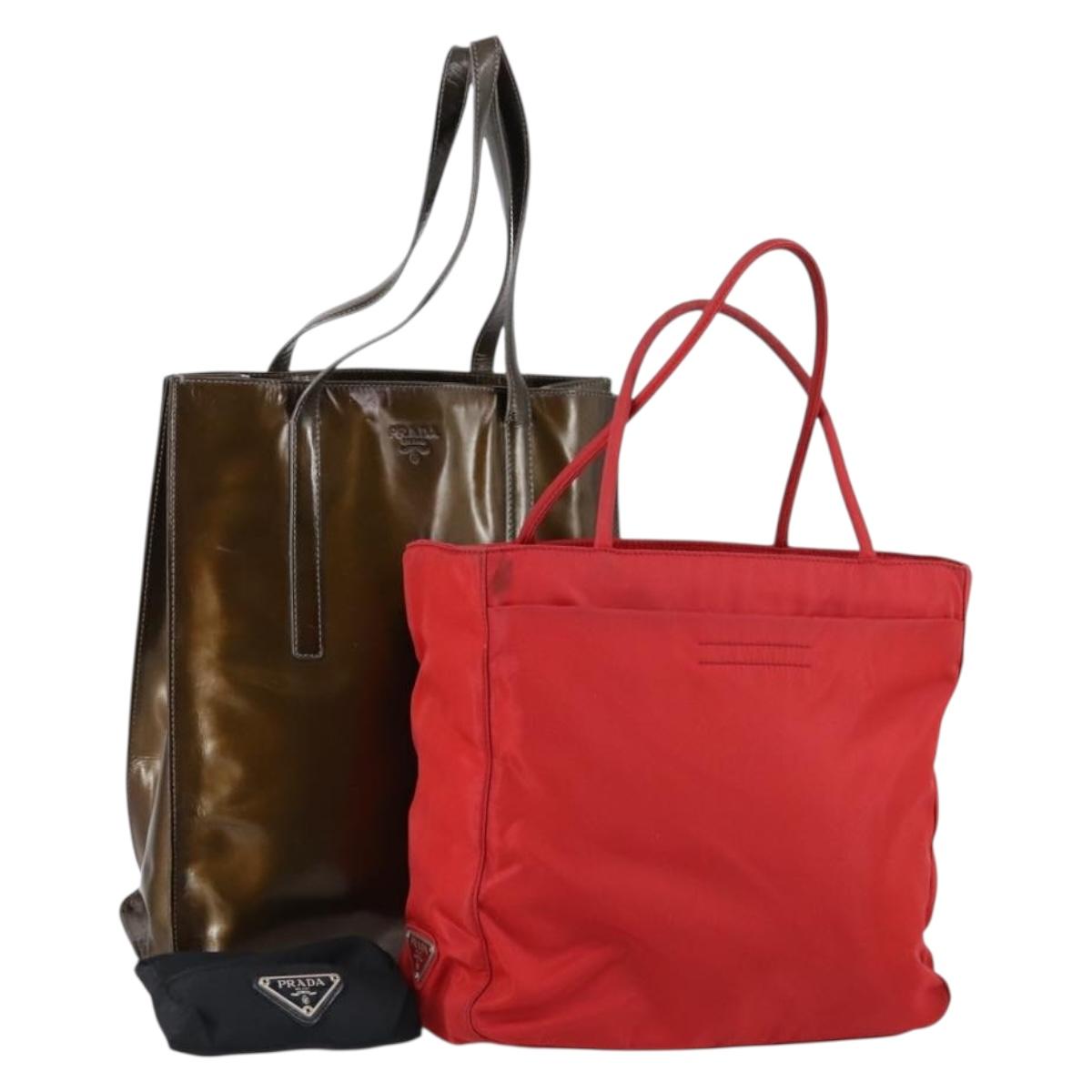 PRADA Shoulder Bag Nylon Enamel 3 Set Red Brown black Auth bs31276