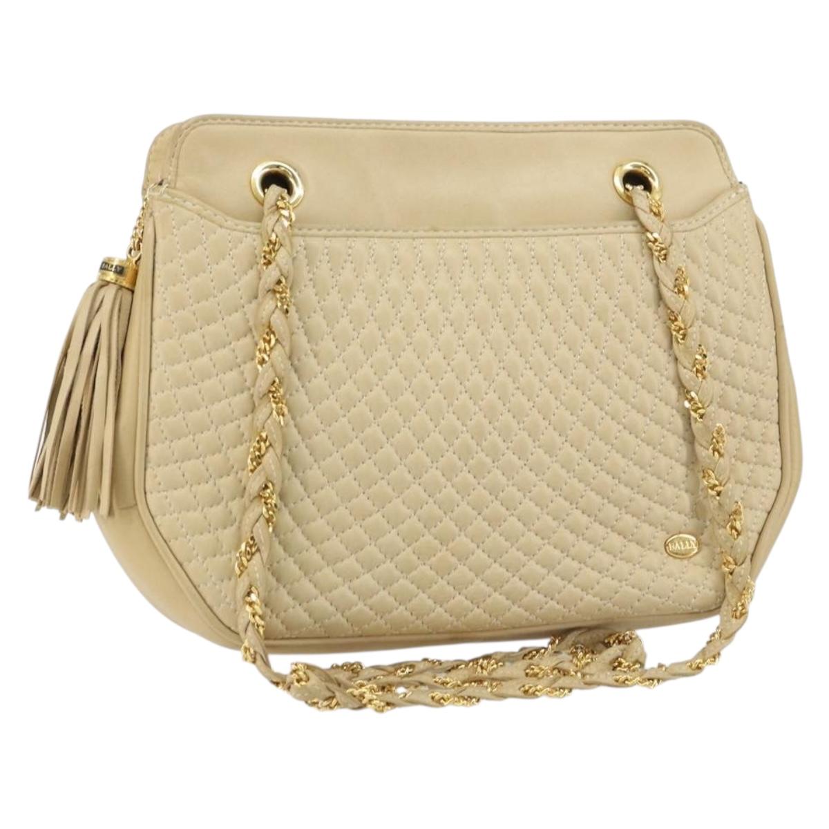 BALLY Chain Shoulder Bag Leather Beige Gold Auth bs31350