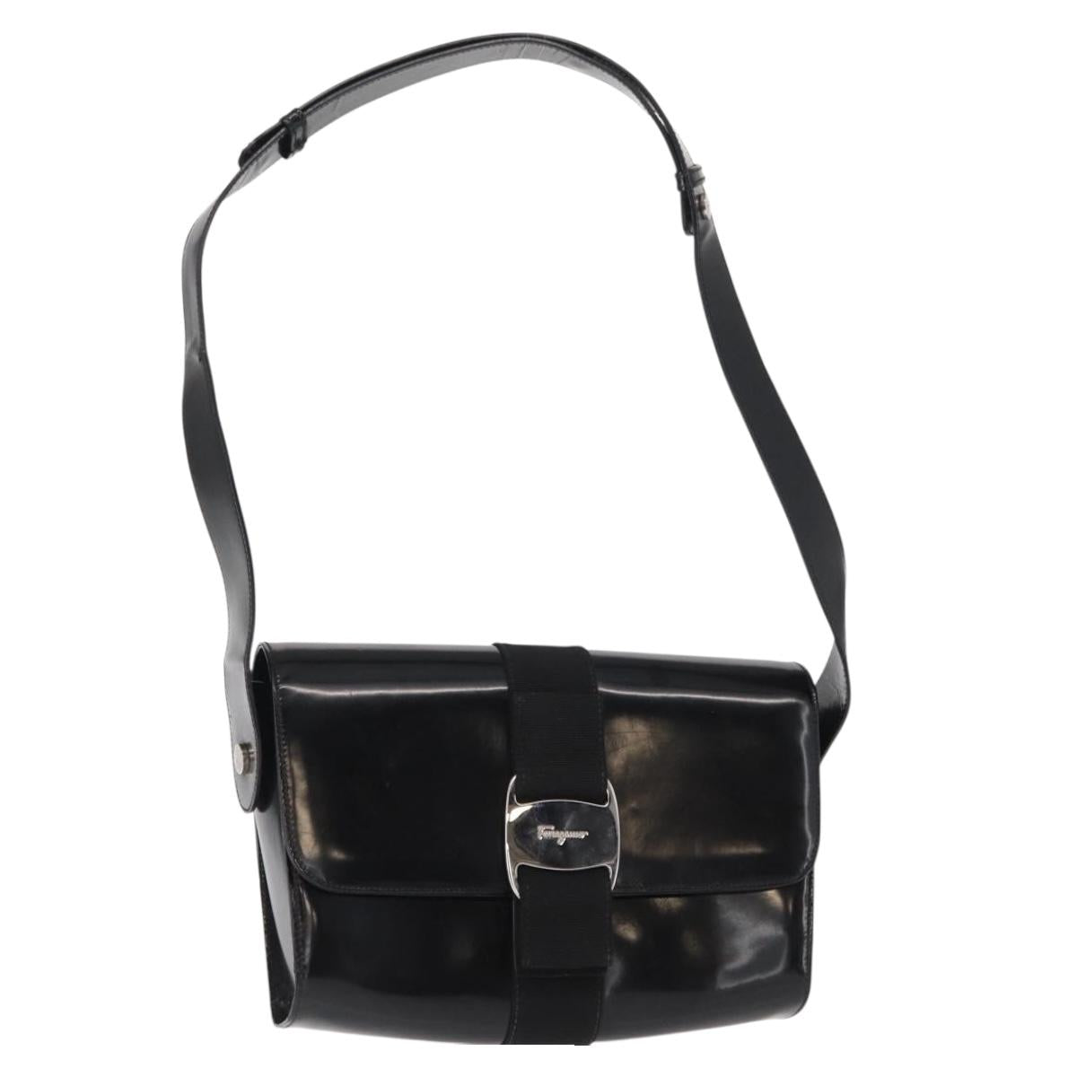 Salvatore Ferragamo Vala Shoulder Bag Nylon Enamel Black Silver Auth bs31354