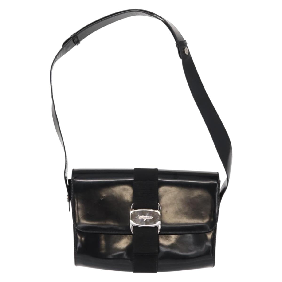 Salvatore Ferragamo Vala Shoulder Bag Nylon Enamel Black Silver Auth bs31354