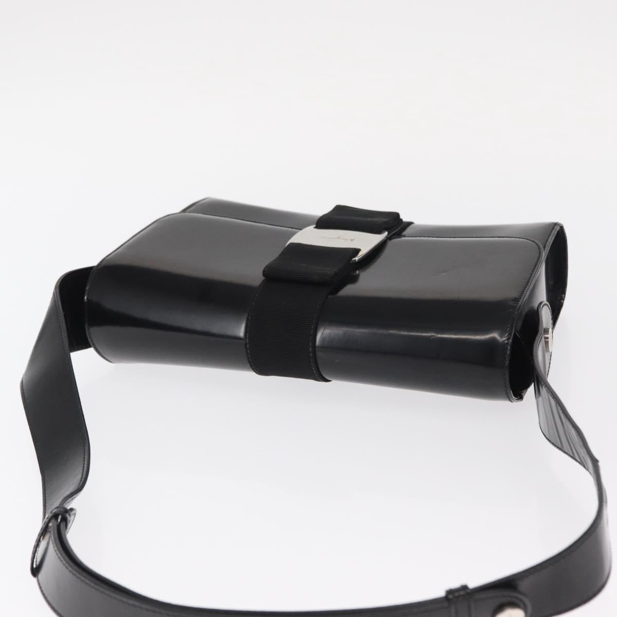 Salvatore Ferragamo Vala Shoulder Bag Nylon Enamel Black Silver Auth bs31354