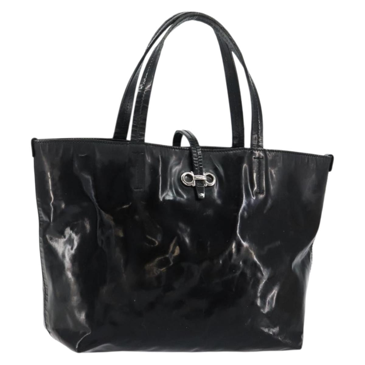 Salvatore Ferragamo Gancini Tote Bag Enamel Black Silver Auth bs31355