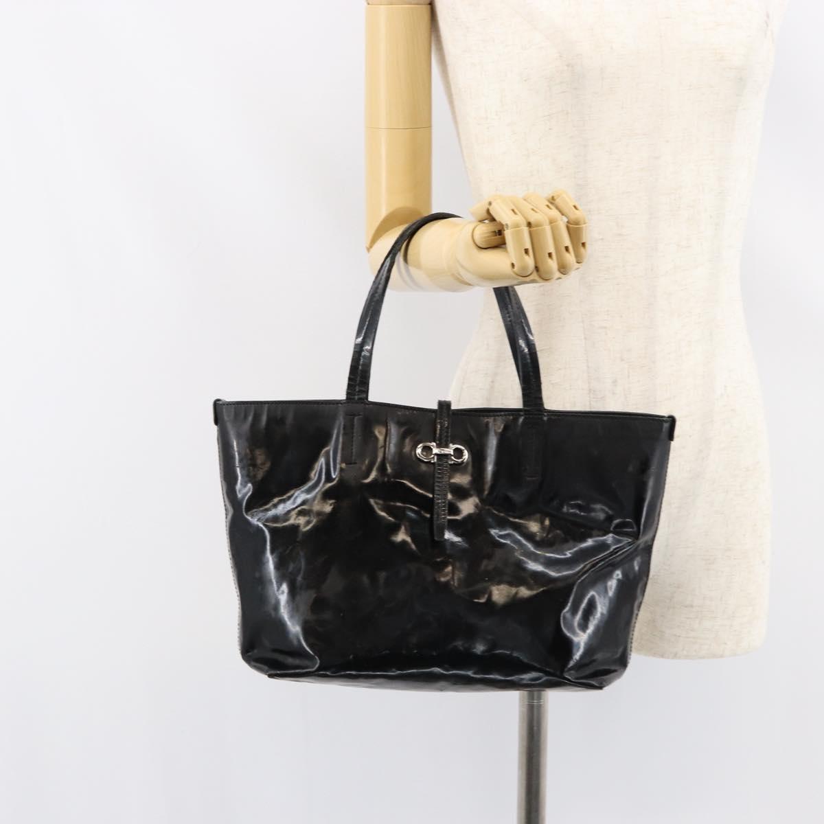 Salvatore Ferragamo Gancini Tote Bag Enamel Black Silver Auth bs31355