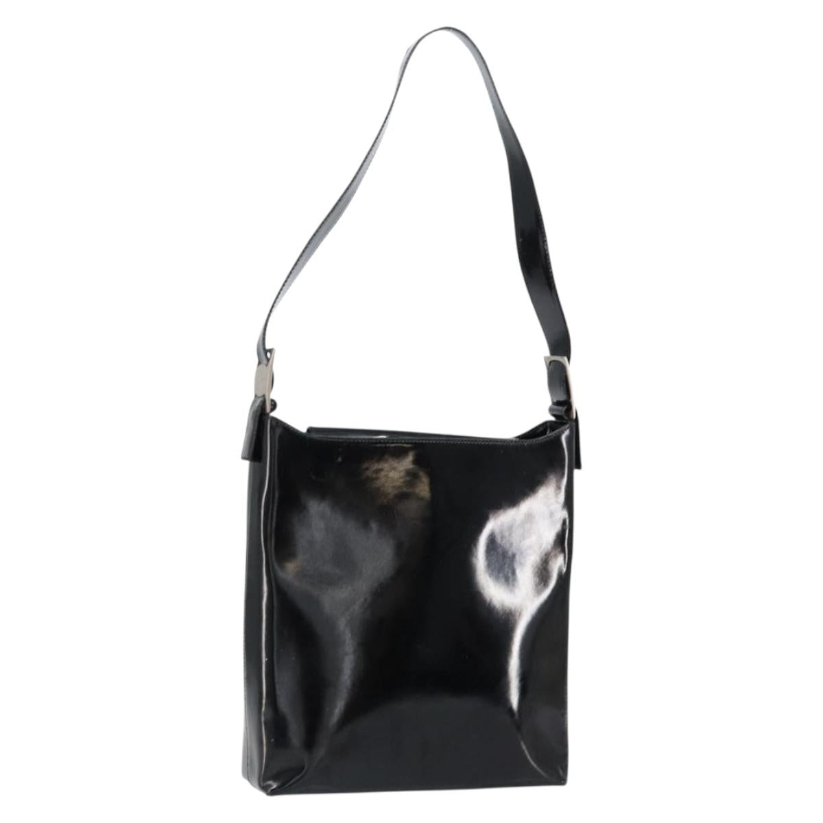 Salvatore Ferragamo Vala Shoulder Bag Enamel Black Silver Auth bs31356