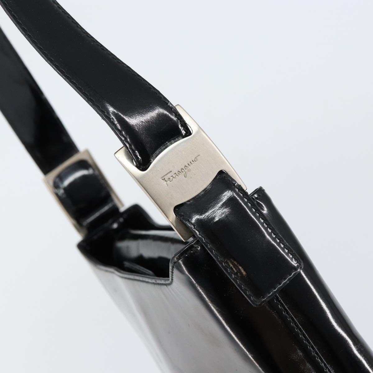 Salvatore Ferragamo Vala Shoulder Bag Enamel Black Silver Auth bs31356