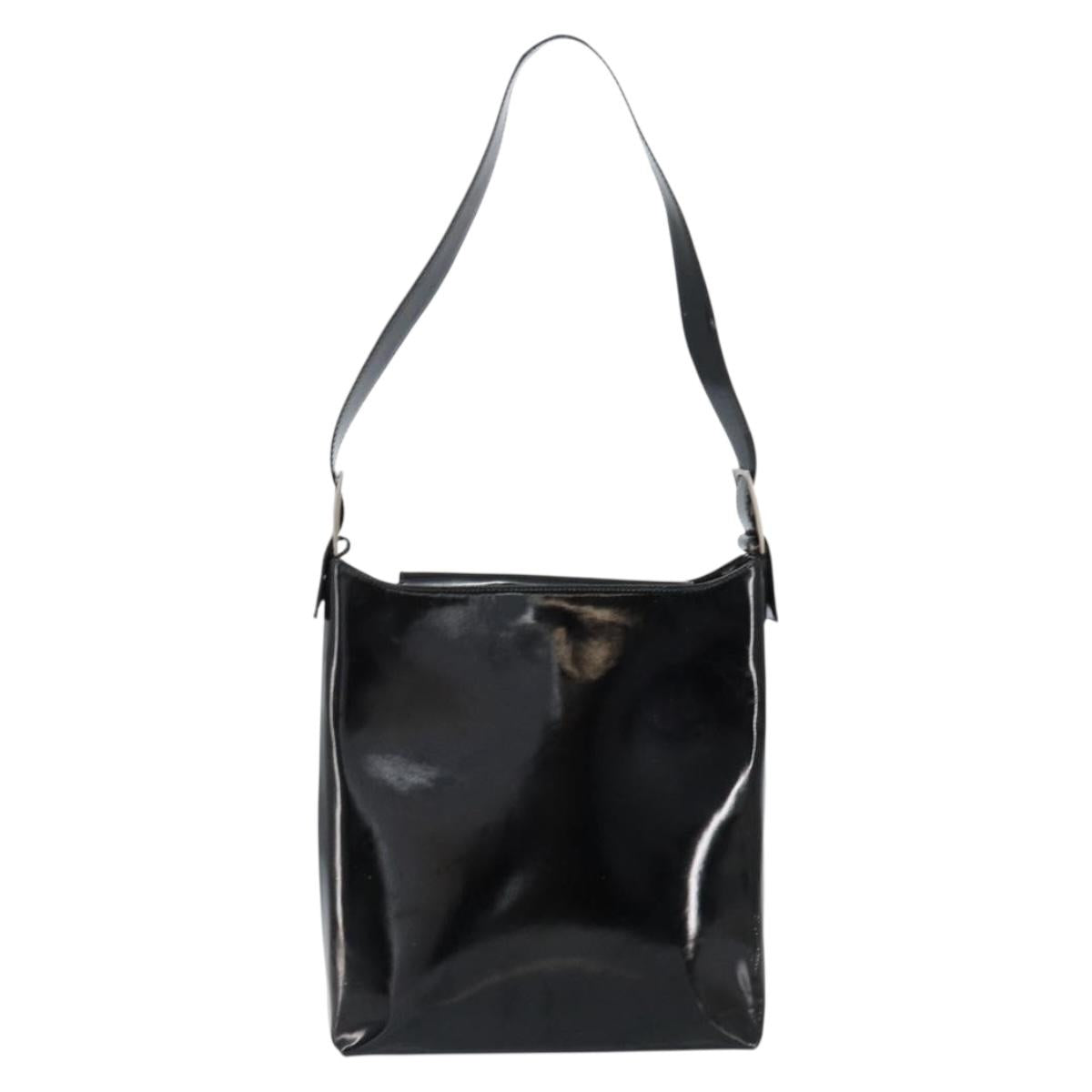 Salvatore Ferragamo Vala Shoulder Bag Enamel Black Silver Auth bs31356