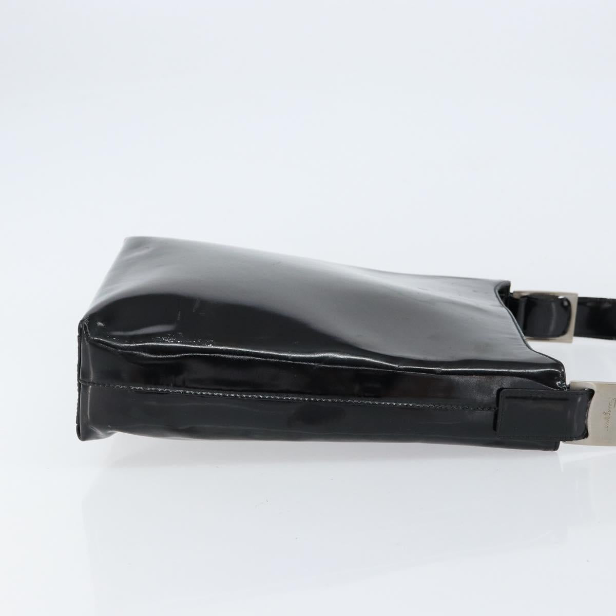 Salvatore Ferragamo Vala Shoulder Bag Enamel Black Silver Auth bs31356