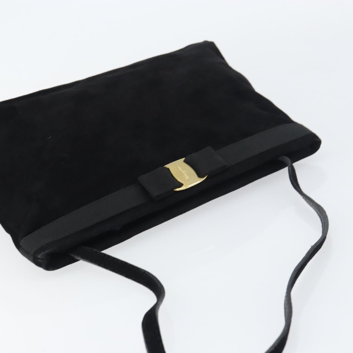 Salvatore Ferragamo Vala Shoulder Bag Suede Black Gold Auth bs31358