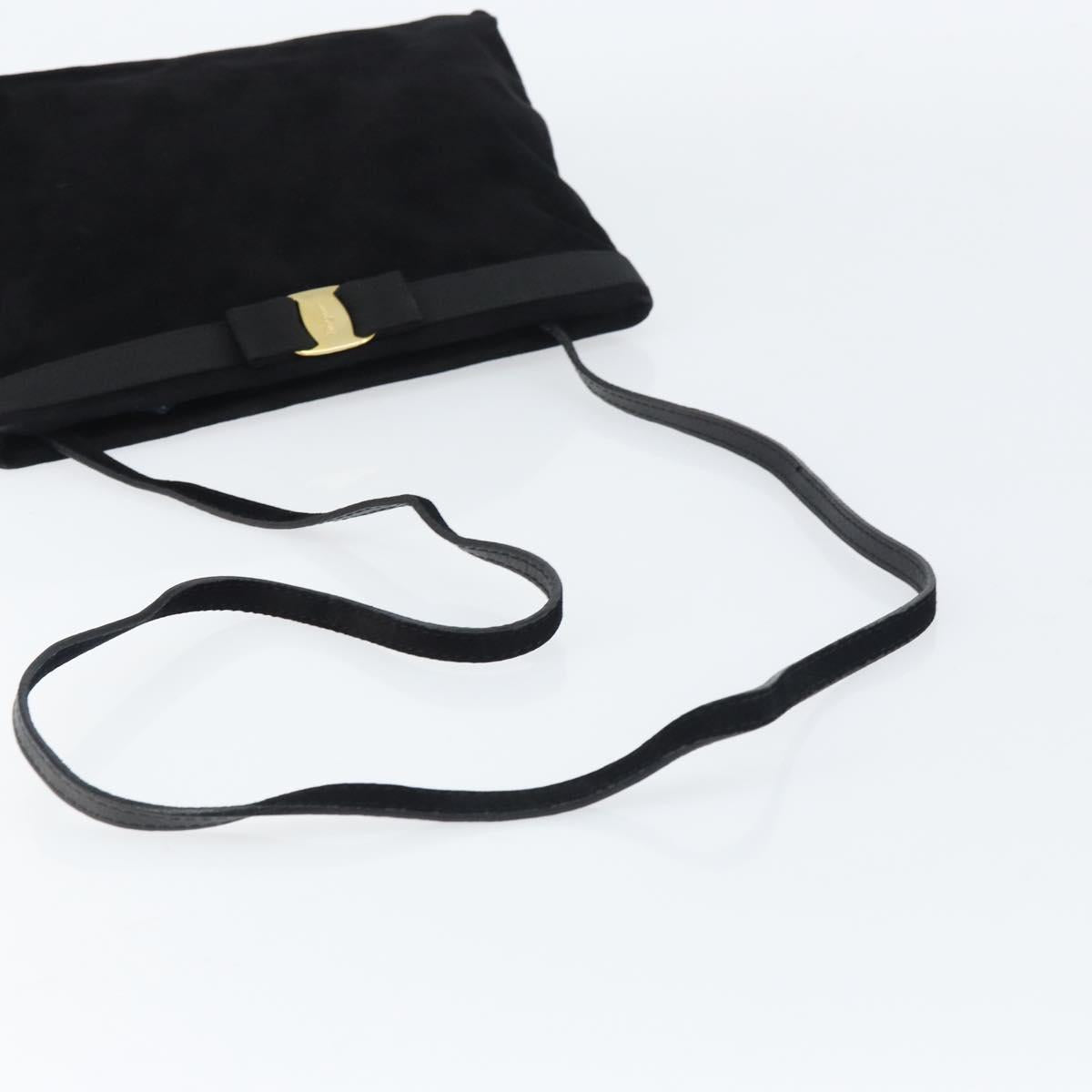 Salvatore Ferragamo Vala Shoulder Bag Suede Black Gold Auth bs31358
