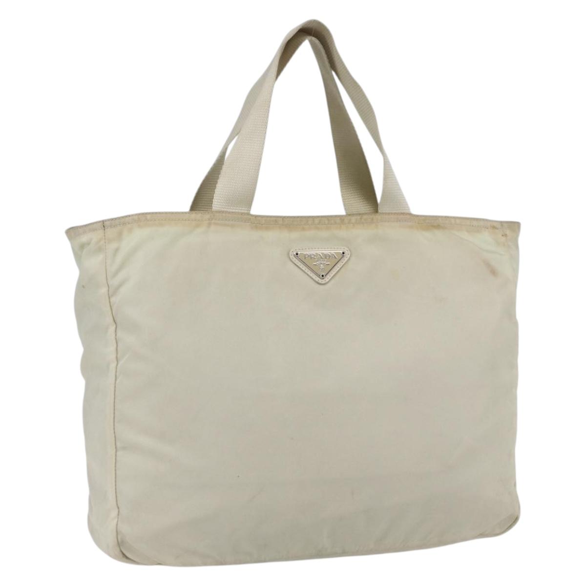 PRADA Tote Bag Nylon Beige Silver Auth bs31362