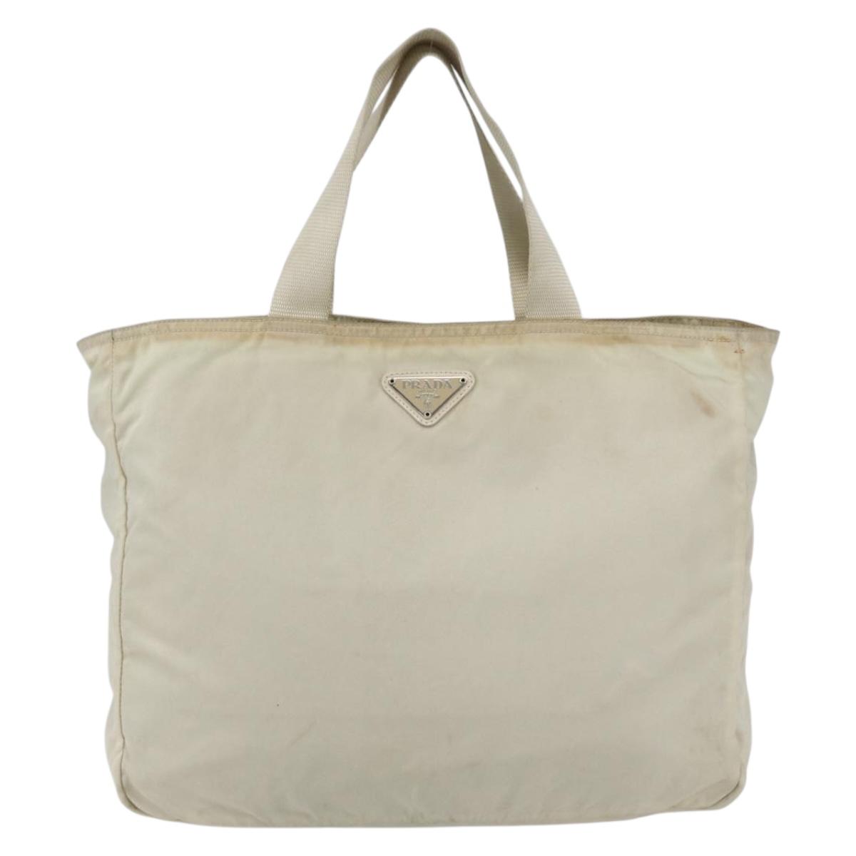 PRADA Tote Bag Nylon Beige Silver Auth bs31362