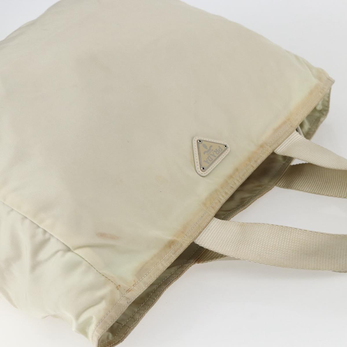 PRADA Tote Bag Nylon Beige Silver Auth bs31362