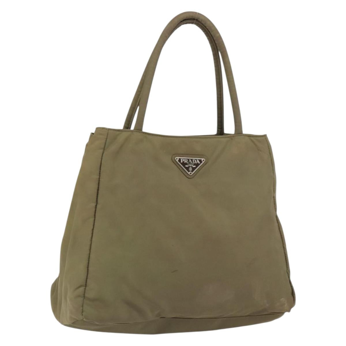 PRADA Hand Bag Nylon Khaki Silver Auth bs31364