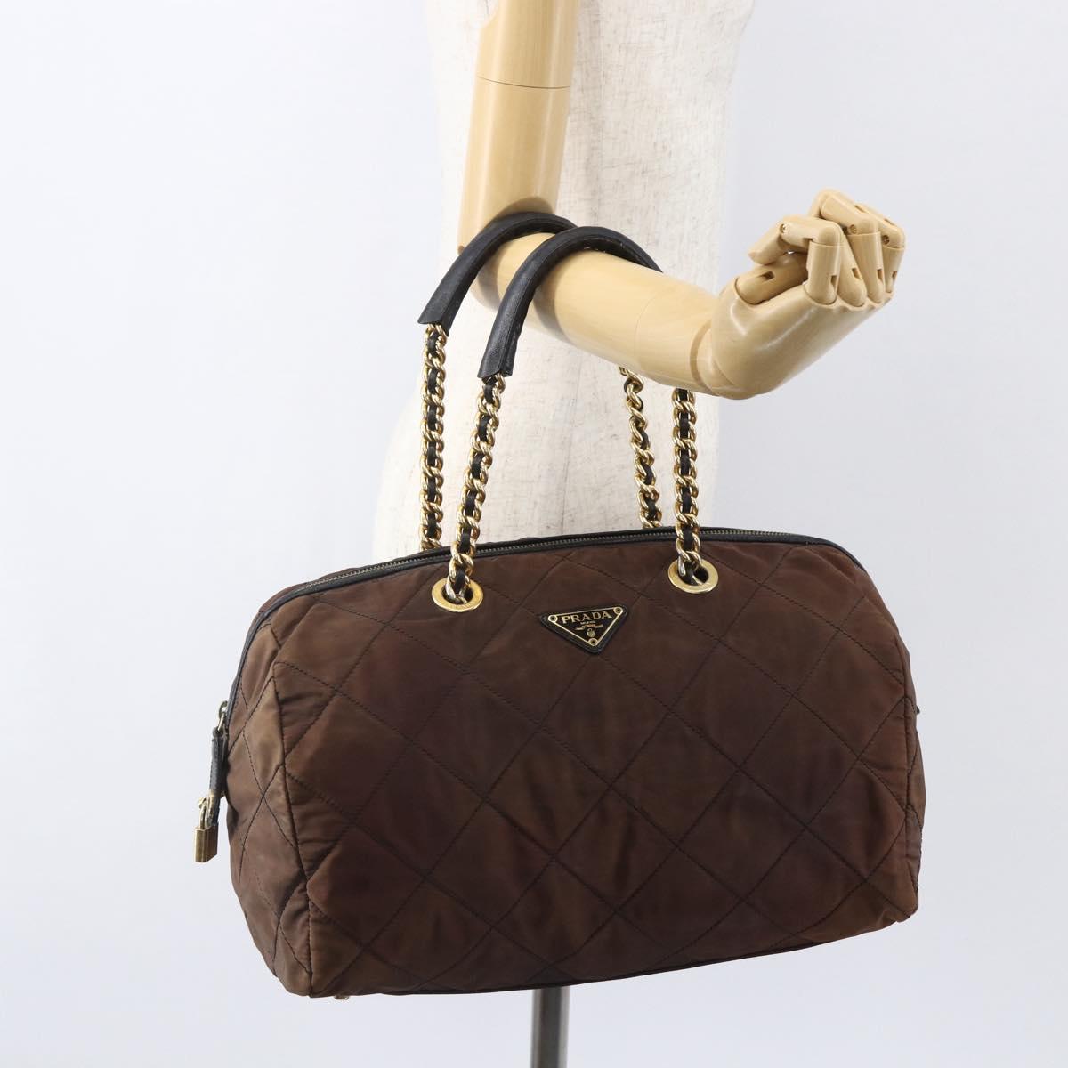 PRADA Chain Hand Bag Nylon Brown Gold Auth bs31367