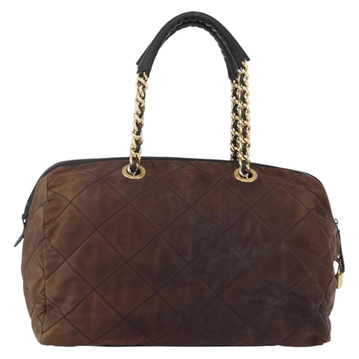 PRADA Chain Hand Bag Nylon Brown Gold Auth bs31367