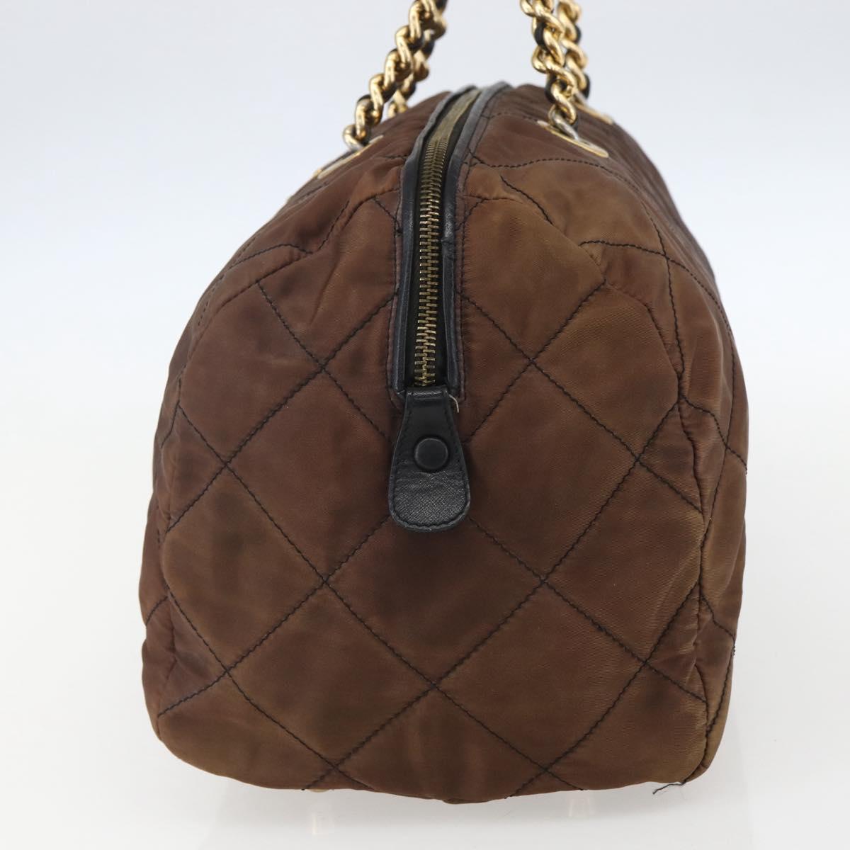 PRADA Chain Hand Bag Nylon Brown Gold Auth bs31367